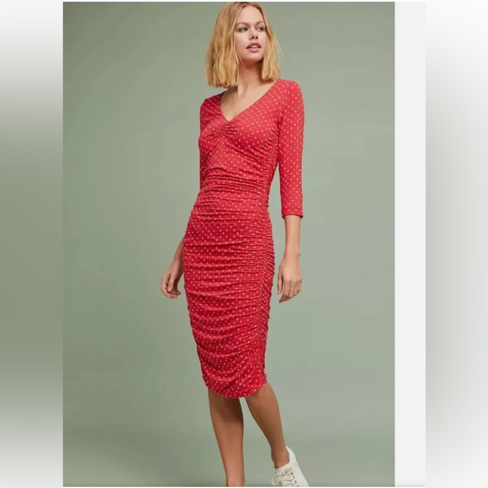 Anthropologie Medea Ruched Column Dress M red